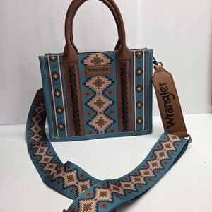 Wrangler Teal & Brown Southwestern Satchel with Patterned Strap